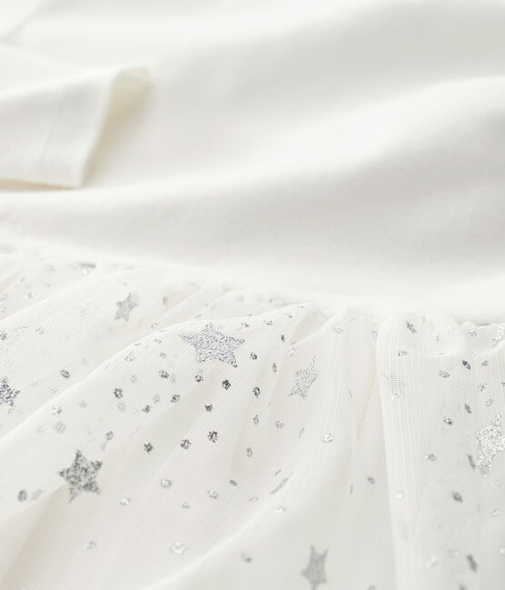 Girls' Long-Sleeved Cotton/Tulle Dress MARSHMALLOW white/ARGENT grey